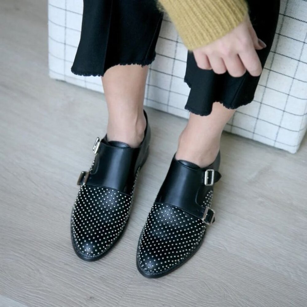 Office of Angela Scott Mr. Colin Black Studded Leather Double Strap Monk Shoe